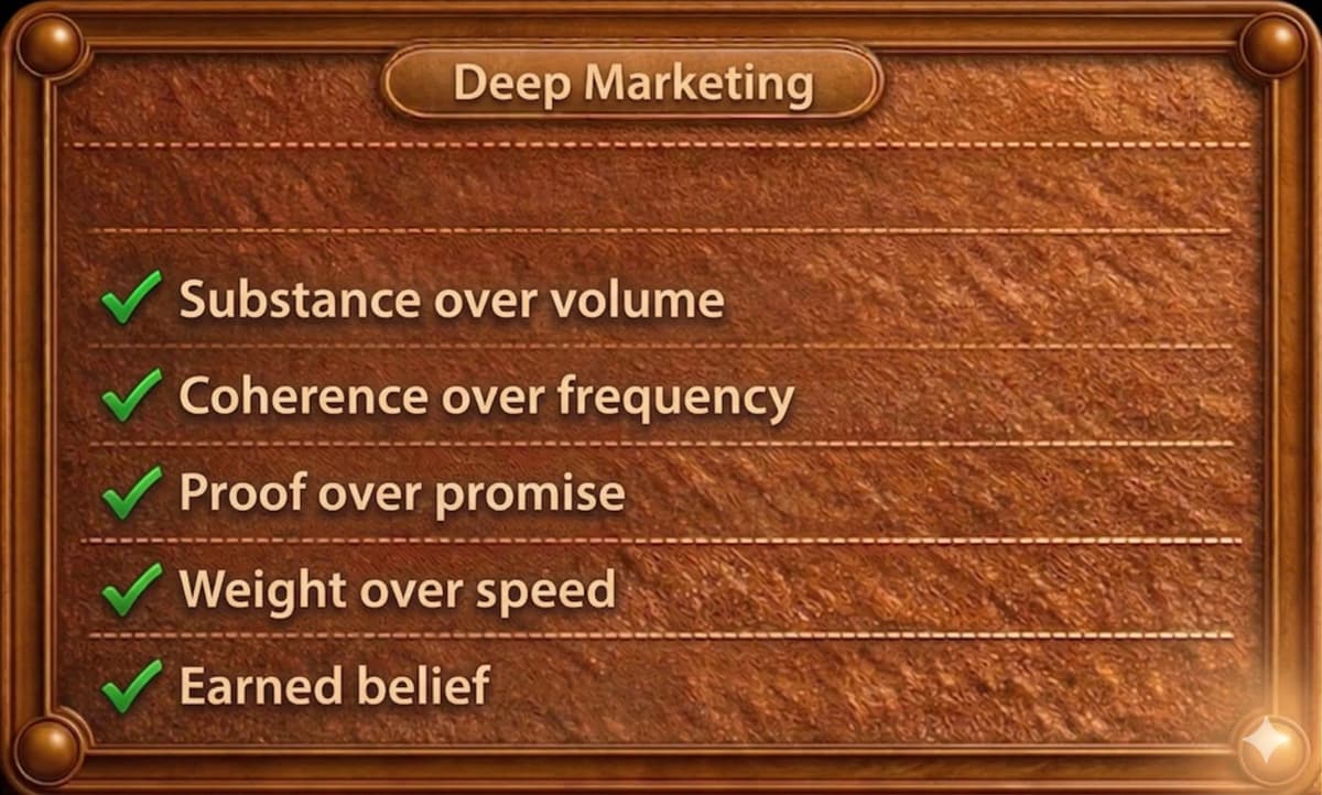 Deep Marketing: Substance over volume, Coherence over frequency, Proof over promise, Weight over speed, Earned belief