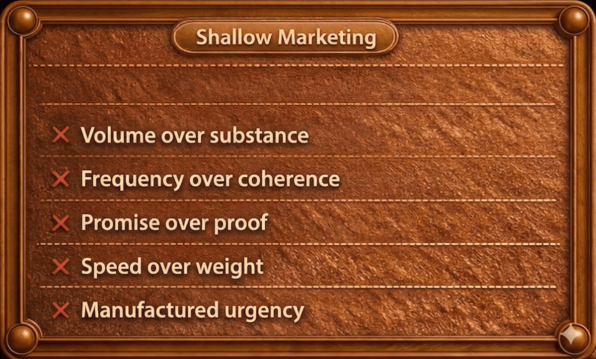 Shallow Marketing: Volume over substance, Frequency over coherence, Promise over proof, Speed over weight, Manufactured urgency