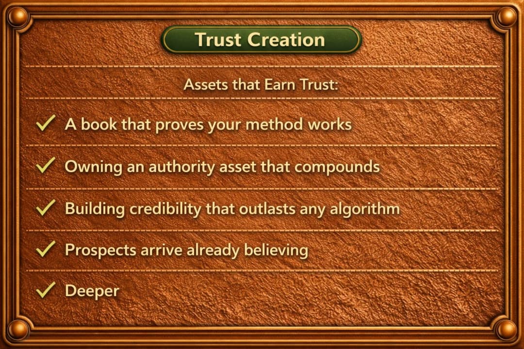 Trust Creation: assets that earn trust including a book that proves your method, owning authority assets, building lasting credibility, prospects arriving already believing