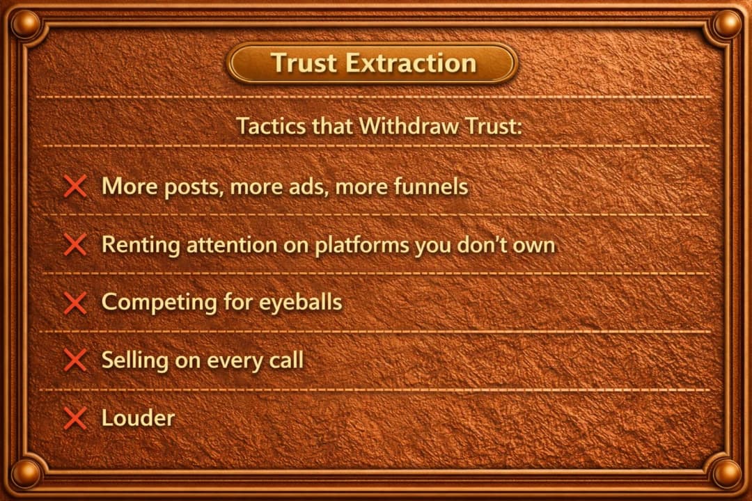 Trust Extraction: tactics that withdraw trust including more posts, more ads, more funnels, renting attention, competing for eyeballs, selling on every call